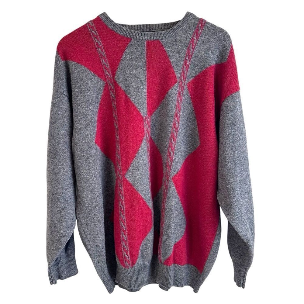 Pringle of Scotland Vintage Men's Grey and Red Wool Crewneck Sweater Size XL